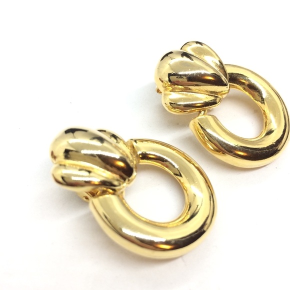 VINTAGE 80S DOOR KNOCKER CLIP ON HOOP EARRINGS GOLD TONE RUNWAY - Picture 7 of 12